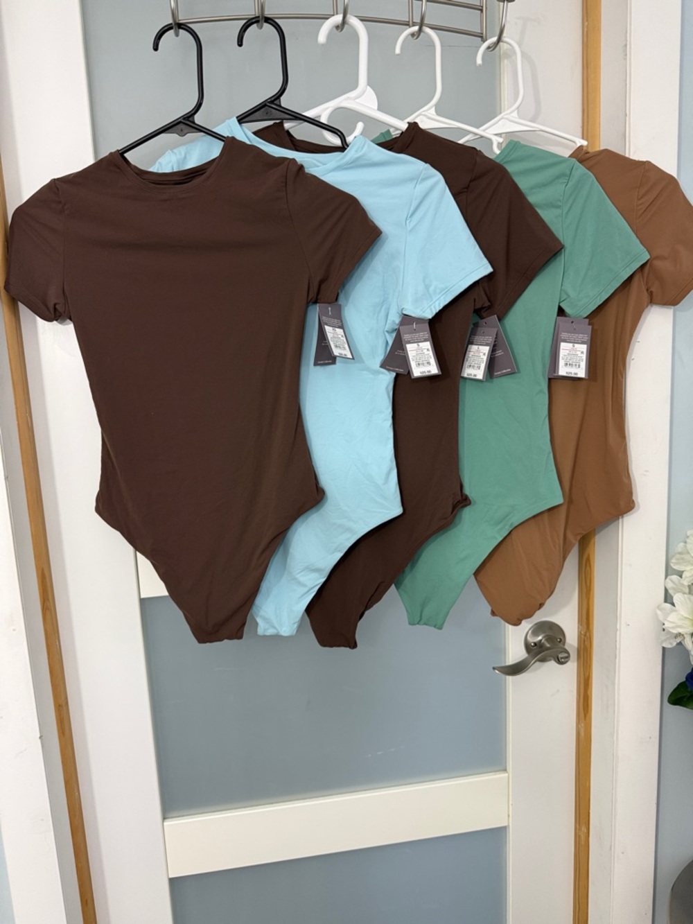 Auden Short Sleeve Bandeau Bodysuit Set in Brown, Light Blue, Green, Tan